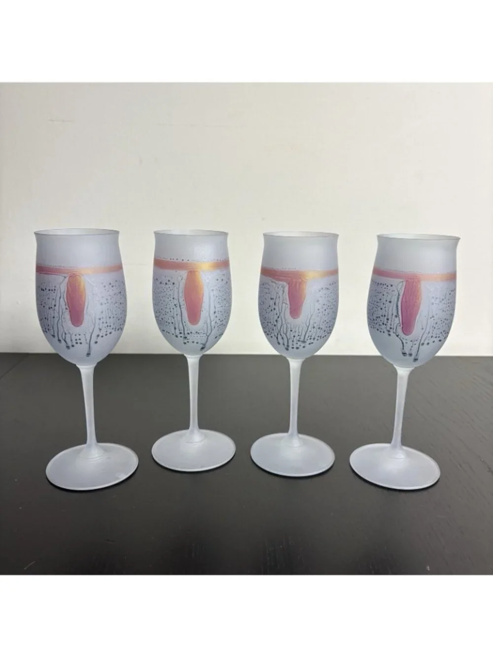 Vintage Set 4 Hand Painted Frosted Art Nouveau Satin Wine Glasses, Rueven Style